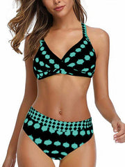 Vintage Print Polka-Dot Crossed Split Bikini Swimsuit