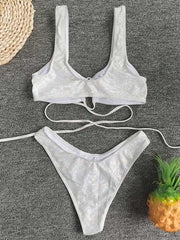 Wet Look Bandage Hollow Split Bikini Swimsuit