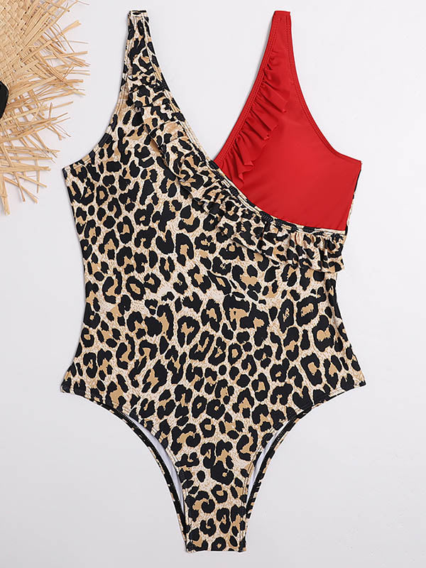 Asymmetric Split-Joint Leopard Print Backless One-Piece Swimwear