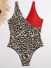 Asymmetric Split-Joint Leopard Print Backless One-Piece Swimwear