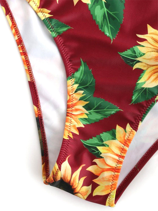 Sunflower Printed Backless Bandage Split Bikini Swimsuit