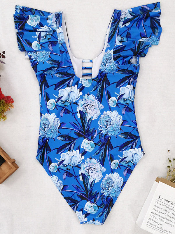 Falbala Short Sleeve Hollow Floral Print One-Piece Swimwear