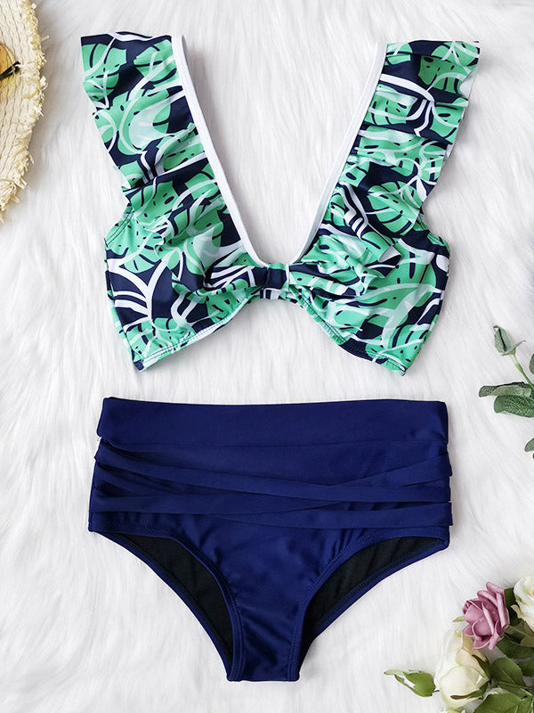 Falbala Floral Printed Split Bikinis Swimsuit