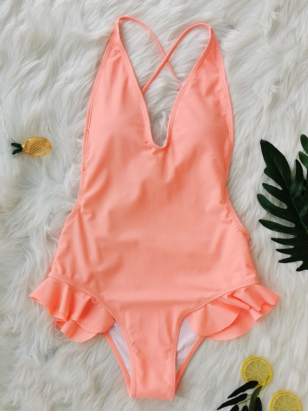 Backless U-Neck Falbala One-Piece Swimwear