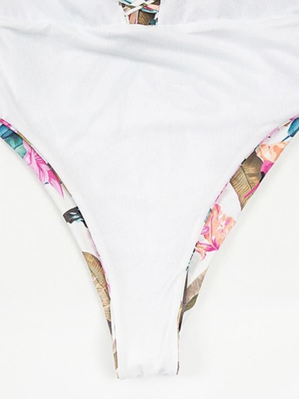 Floral-Print Bandage Hollow Split Bikini Swimsuit