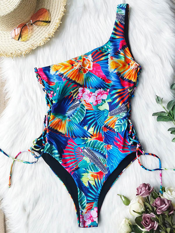 One-Shoulder Floral-Print Bandage One-Piece Swimwear