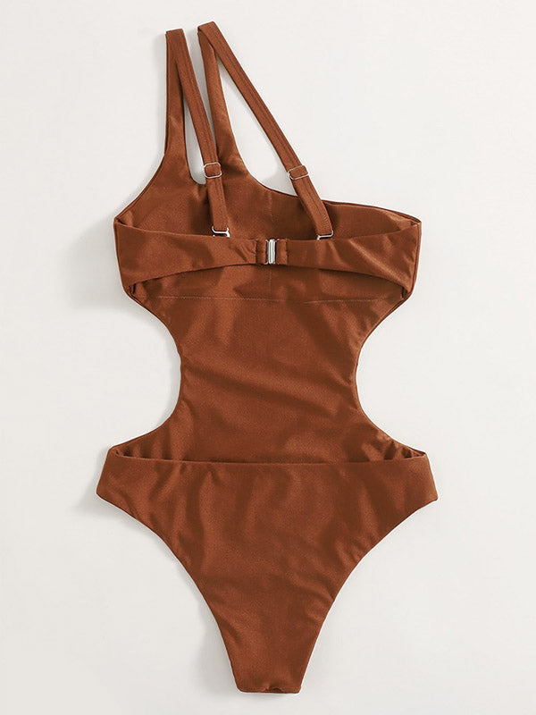 Solid Color One-Shoulder Bandeau Simple One-Piece Swimwear