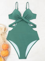 Solid Color Spaghetti-Neck Hollow Monokini Swimwear