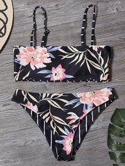 Floral-Print Bandeau Spaghetti-Neck Split Bikini Swimsuit