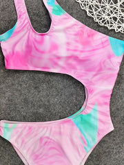 Gradient Printed One-Shoulder Hollow One-Piece Swimwear