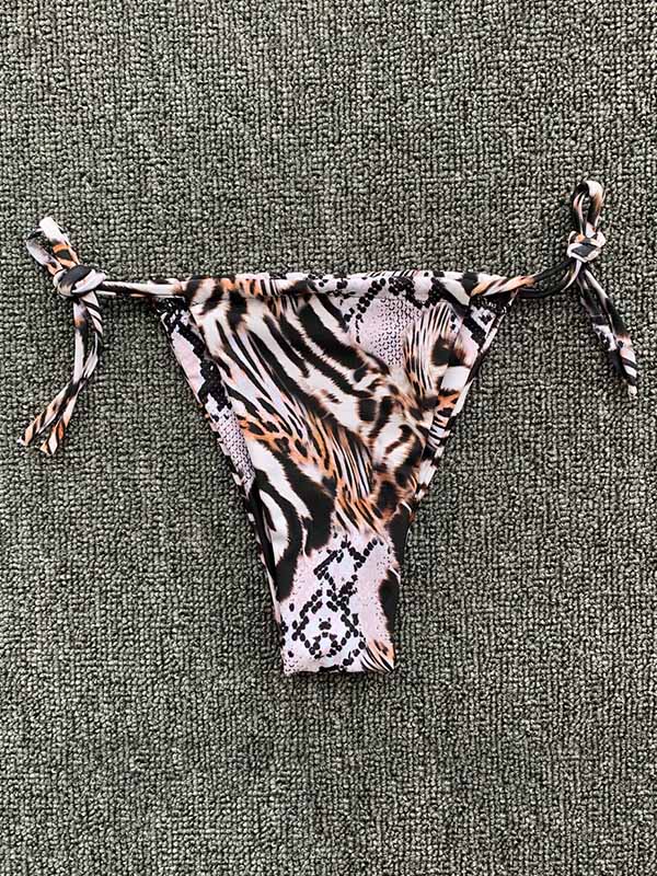 Tiger Pattern Triangles Bandage Split Bikini Swimsuit