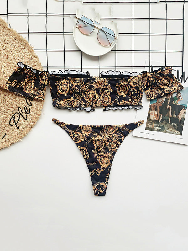 Falbala Sleeve Split-Joint Sexy Bandeau Bikini Swimwear