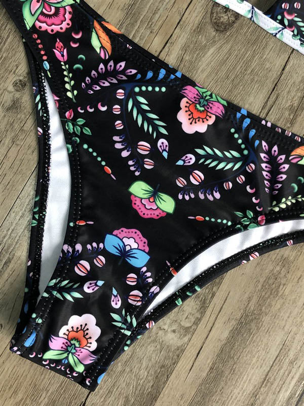 Floral Printed Triangles Bandage Split Bikini Swimsuit