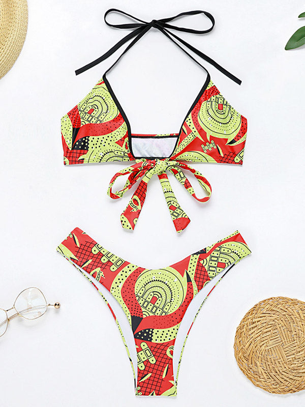 Halterneck Deep V-Neck Bandage Split Bikini Swimsuit