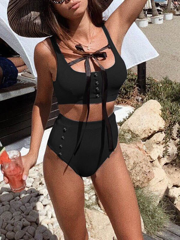 Solid Color Bowknot Lace-Up Bikini Swimsuit