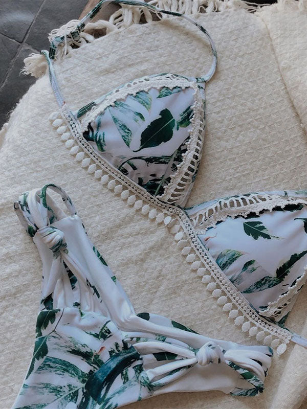 Floral-Print Lace Split-Joint Triangles Split Bikini Swimsuit