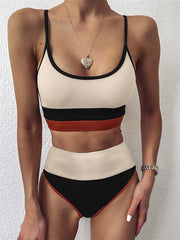 Solid Color Color-Block Spaghetti-Neck Split Bikini Swimsuit