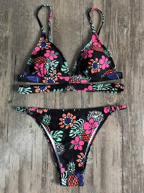 Floral Printed Triangles Bandage Split Bikini Swimsuit