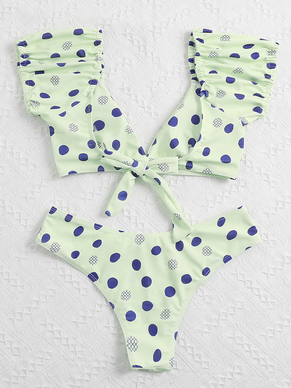 Polka-Dot Puff Sleeves Split Tankini Swimsuit