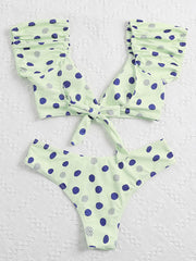 Polka-Dot Puff Sleeves Split Tankini Swimsuit