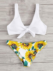 Color-Block Floral-Print Knotted Split Bikini Swimsuit