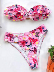 Bandeau-Bikini-Badeanzug mit Blumenmuster, Falbala, Stufendesign und Schlitz 