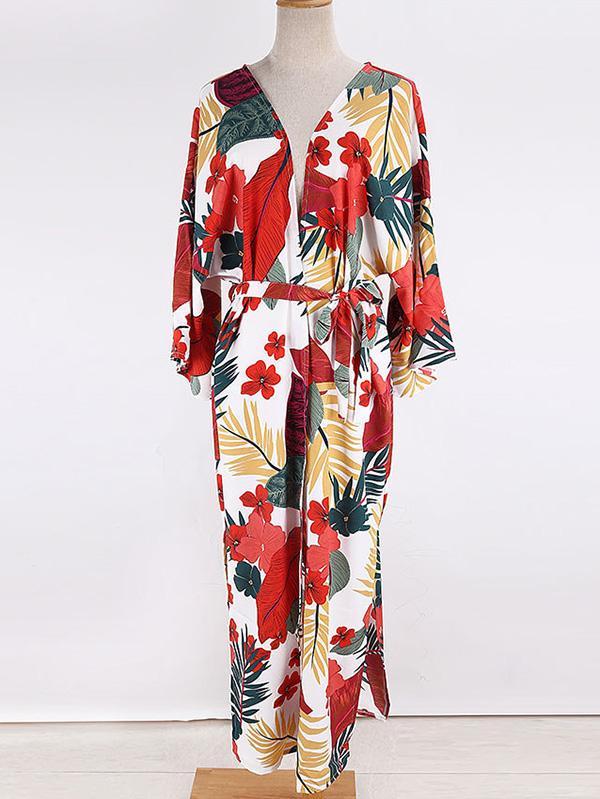 Floral-Print Belted Long Sleeve Tunicshang Cover-Ups