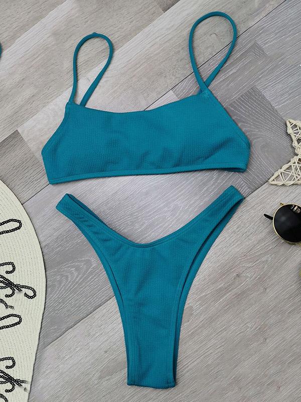 Solid Color Thread Spaghetti-Neck Split Bikini Swimsuit