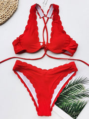 Solid Color Fringed Underwired Split Bikini Swimsuit