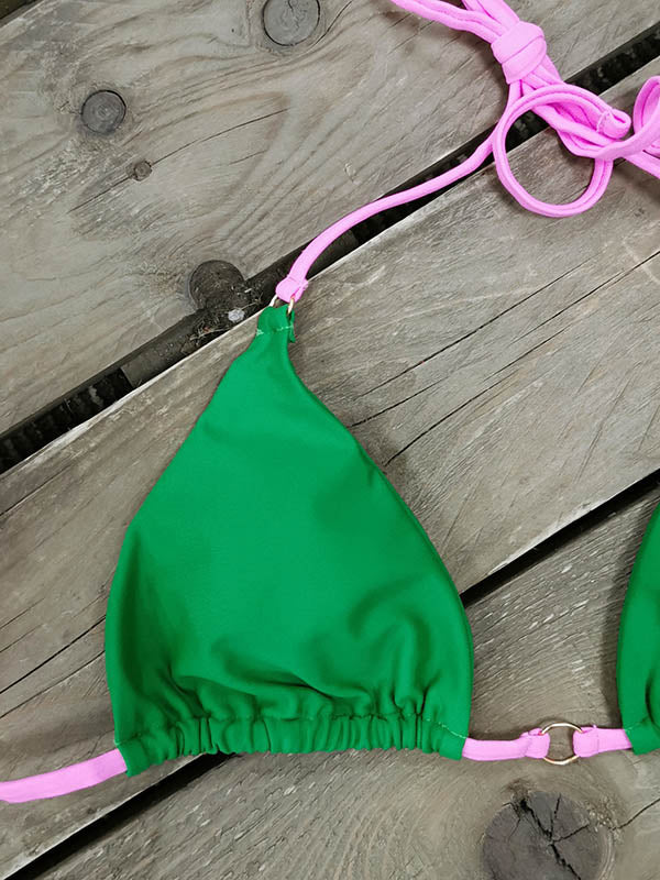 Einfarbige Neckholder-Bikini-Bademode mit Dreiecken und seitlicher Schnürung 