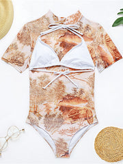 Short Sleeve Floral Mesh Three Pieces Bikini Swimwear