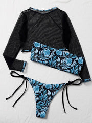 Floral-Print Bandeau Tie Side Long Sleeve Cover-Ups Swimwear