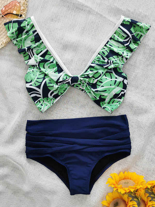 Falbala Floral Printed Split Bikinis Swimsuit