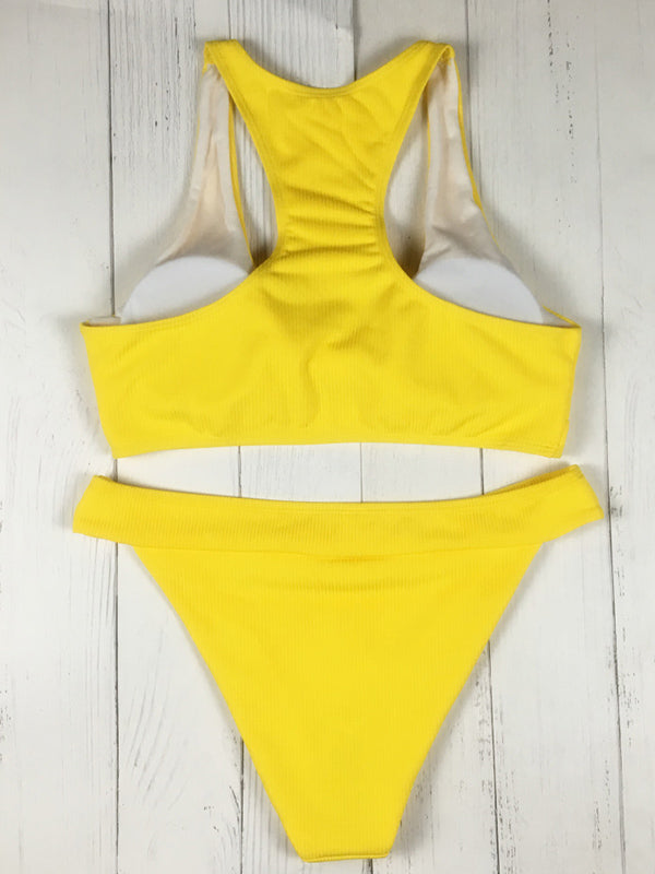 Solid Color Knotted Hollow Split Bikini Swimsuit