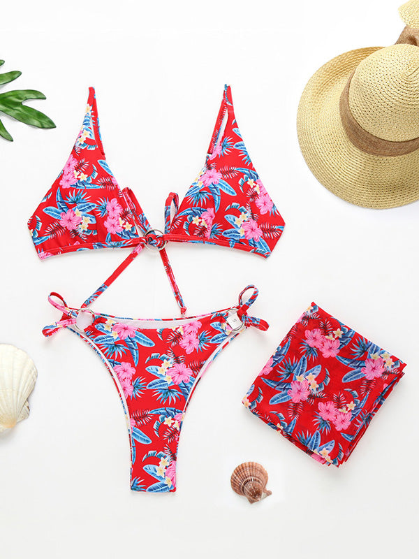 Three-Piece Floral Print Bandage Tie Side Bikini Swimwear