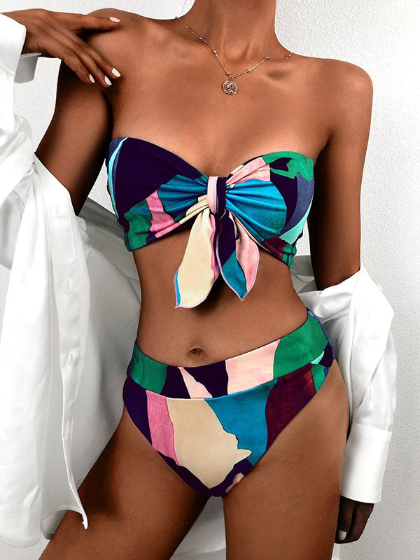 Floral Print Knotted Bandeau More Coverage Bikini Swimwear