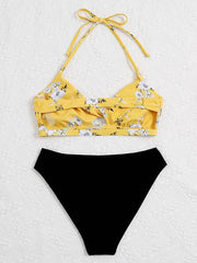 Neckholder-Bikini-Badeanzug mit Schlitz und Farbblock-Blumenmuster 