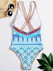 Floral-Print Spaghetti-Neck Backless One-Piece Swimwear