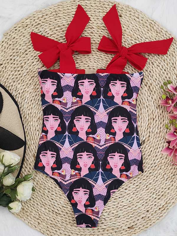 Abstract Print Sexy Bandeau Bow-Knot One-Piece Swimwear