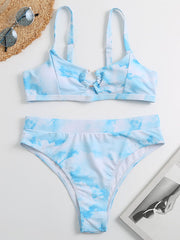 Tie-Dyed Gradient Mbellished Hollow Split Bikini Swimsuit