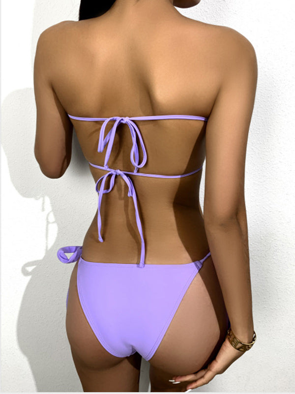 Bandeau-Bikini-Badeanzug mit Kristalldeko und Schlitz vorne, Hohlrüschen 