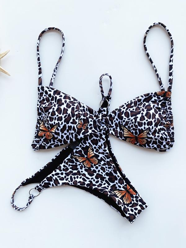 Bikini-Badeanzug mit Leopardenmuster, Dreiecken und Schlitz 