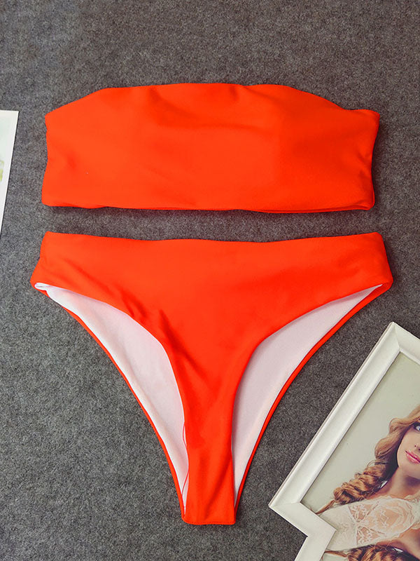 Solid Color Bandeau Split Bikini Swimsuit