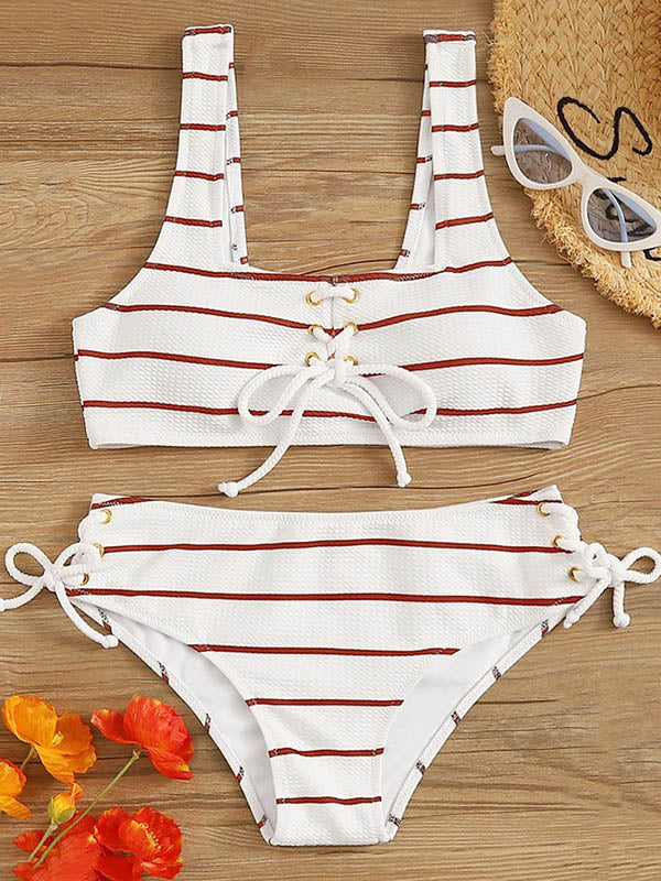 Striped U-Neck Bandage Split Bikini Swimsuit