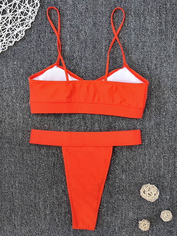 Solid Color Spaghetti-Neck Split Bikini Swimsuit