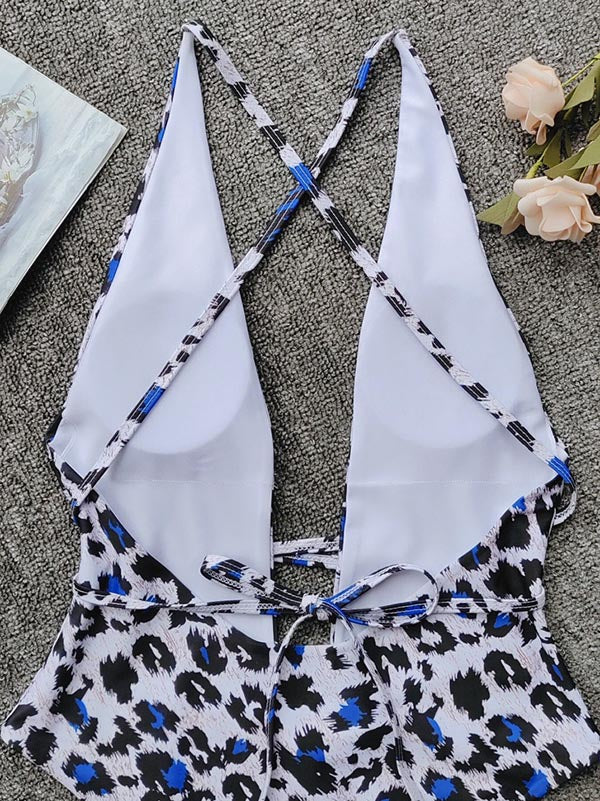 Sexy Blue Leopard Deep V-Neck Backless Bandage One-Piece Swimwear