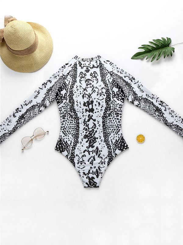 Animal Print High-Neck Zipper Long Sleeve One-Piece Wetsuit