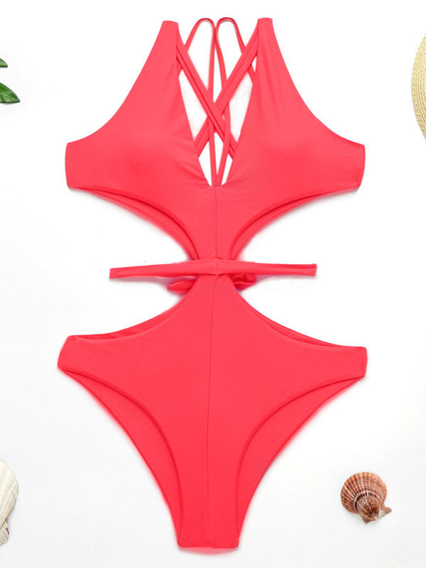 Sexy Fluorescent Color Bandage Hollow One-Piece Swimwear