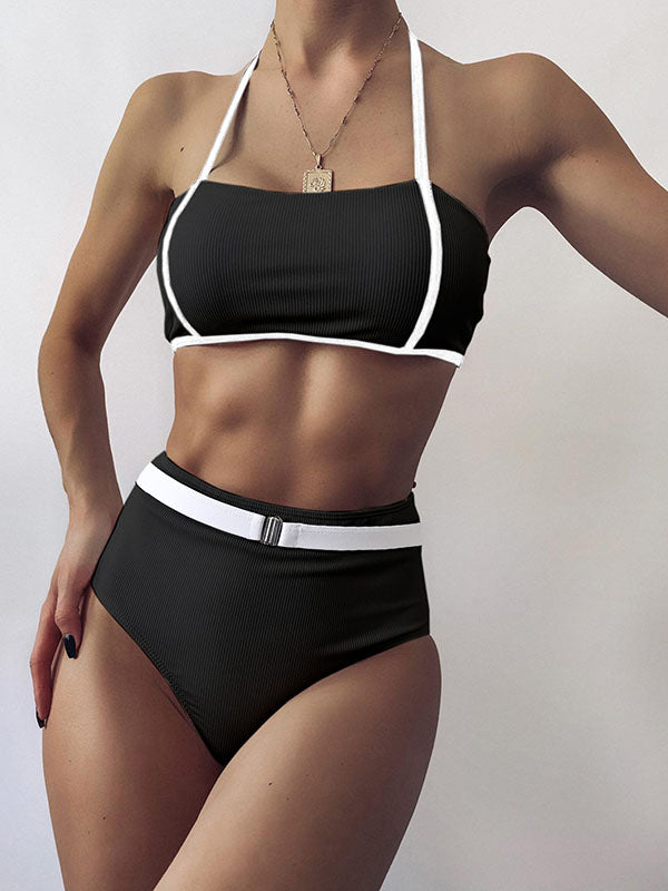 Simple Split-Joint Bralette&High-Waisted Split Bikini Swimwear