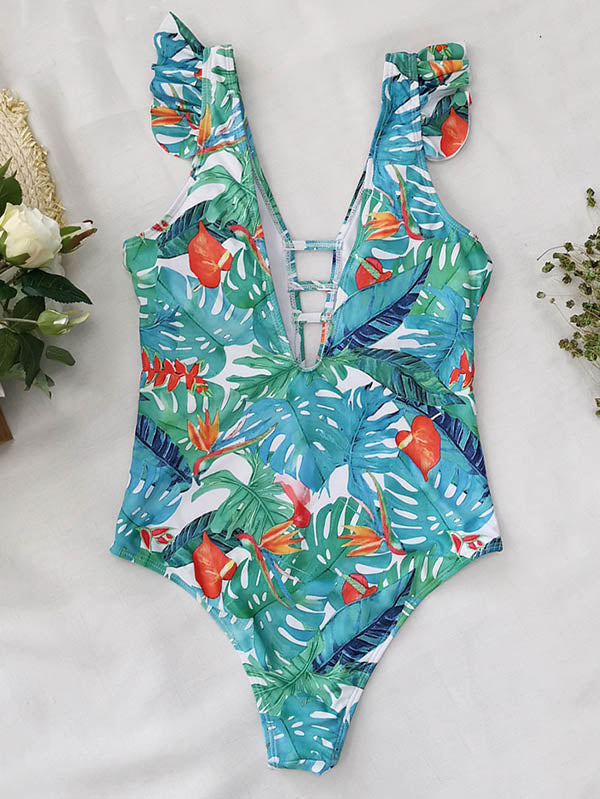 Ruffled Floral Print V-Back One-Piece Swimwear